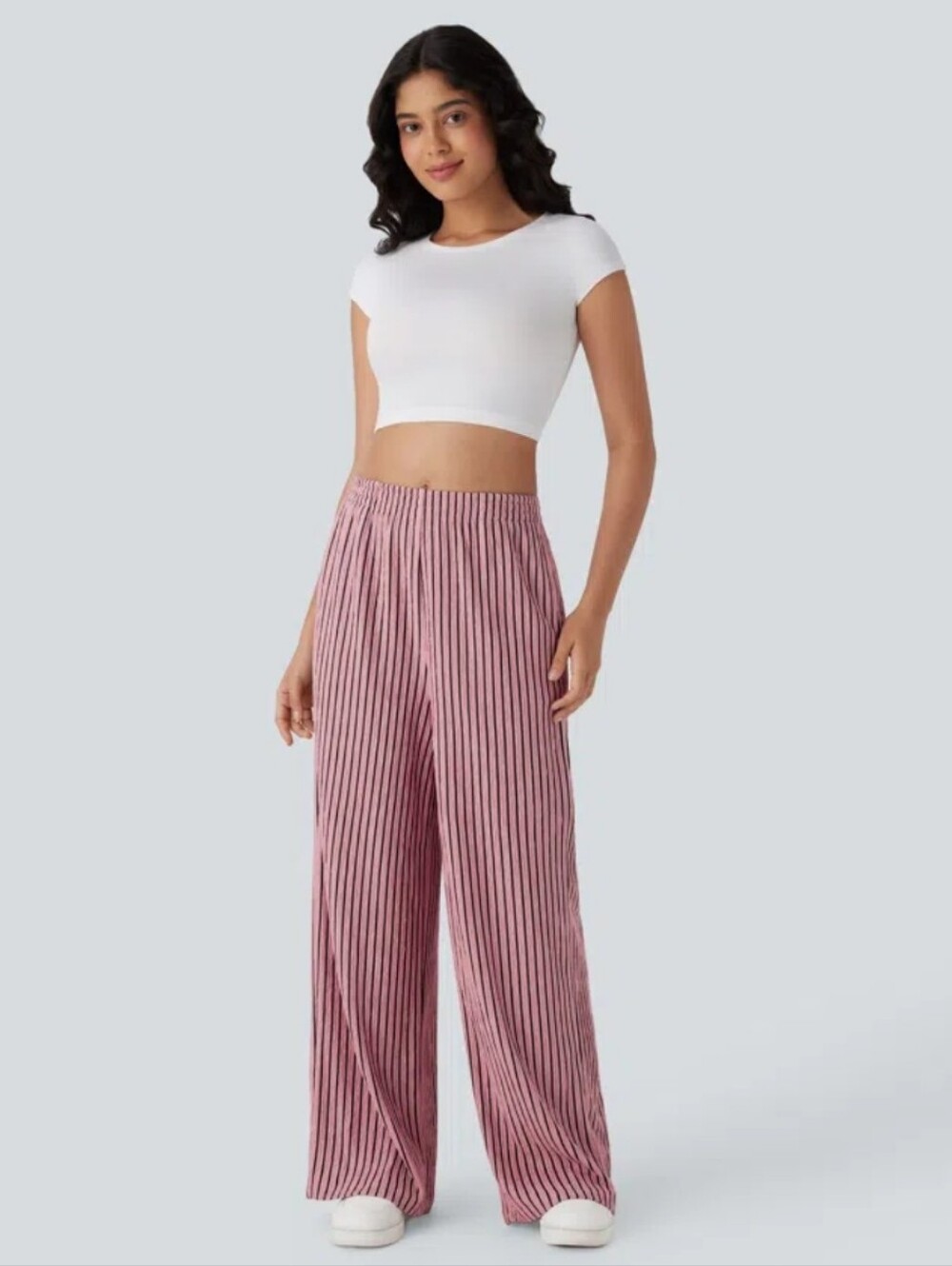 HALARA Pink Striped Wide-Leg Pants with Pockets Candy Pink With Black Stripes